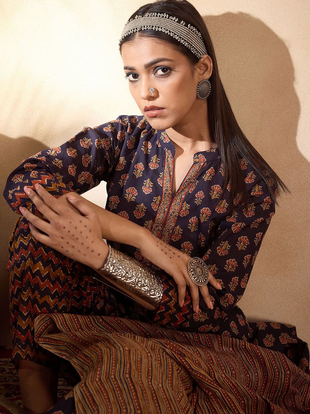 Indyancart IE Ethnic Motifs Printed Straight Pure Cotton Kurta with Trousers & Dupatta
