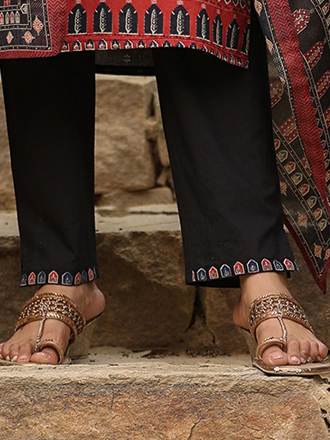 Indyancart IE Women Ethnic Motifs Printed Mirror Work Pure Cotton Kurta With Trousers & Dupatta