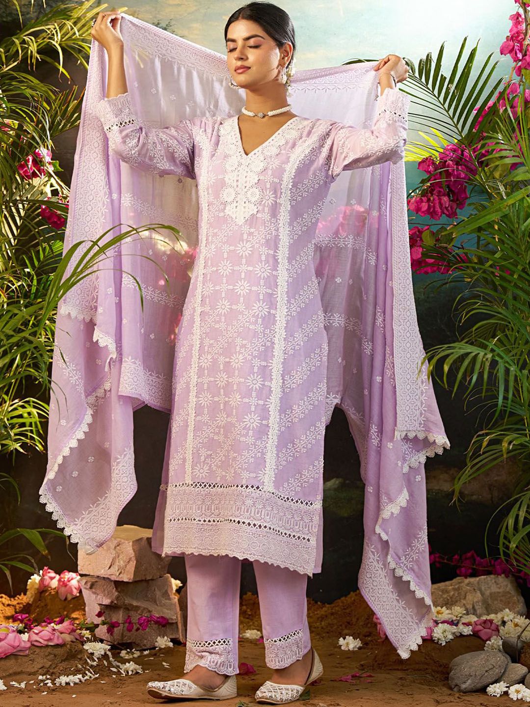 Women Solid Embroidered Cotton Kurta with Trousers & Dupatta