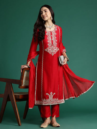 Indyancart IE Ethnic Motifs Embroidered Kurta with Trousers & With Dupatta