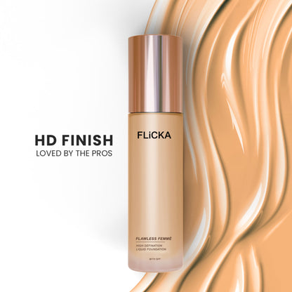 FLiCKA Flawless Femme HD Liquid Foundation Dewy Finish Long Lasting Medium High Coverage - Ivory