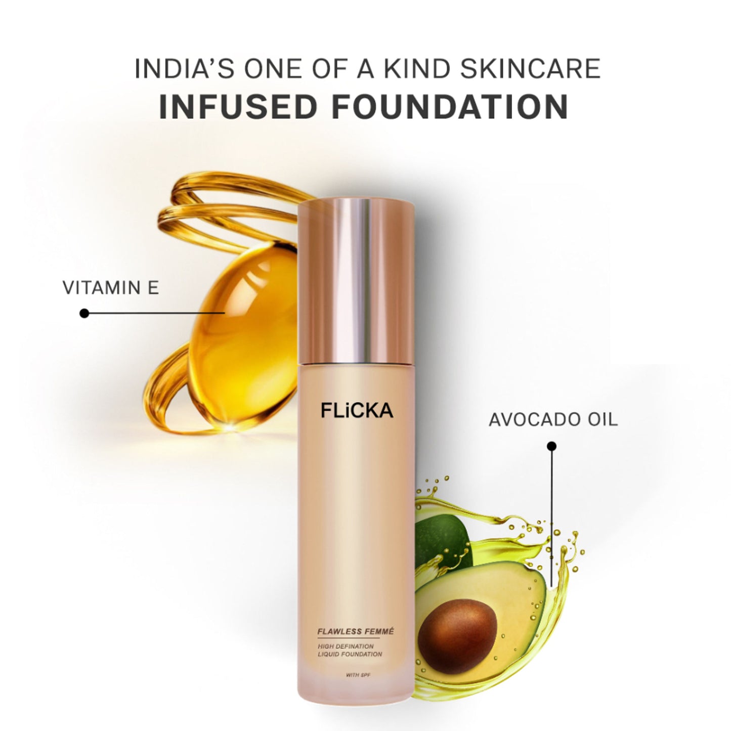 FLiCKA Flawless Femme HD Liquid Foundation Dewy Finish Long Lasting Medium High Coverage - Ivory