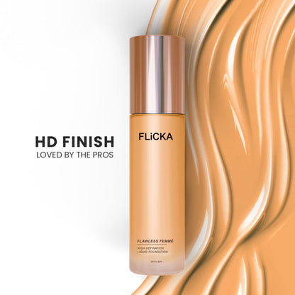 FLiCKA Flawless Femme HD Liquid Foundation Dewy Finish Long Lasting Medium High Coverage - Sand