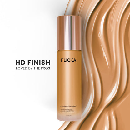 FLiCKA Flawless Femme HD Liquid Foundation Dewy Finish Long Lasting Medium High Coverage - Walnut