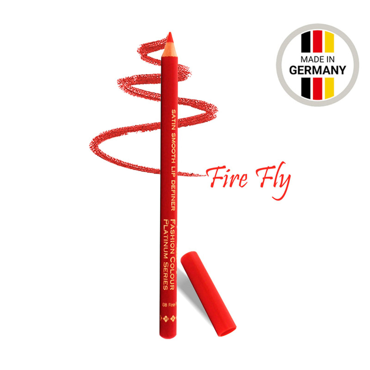 FASHION COLOUR Satin Smooth Lip Definer in shade 08 Fire Fly, showing the sleek pencil with the product name and color.