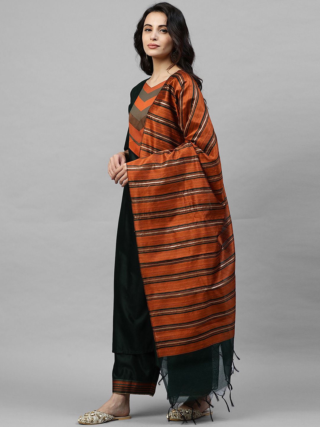 Indyancart IE Women Green Yoke Design Pure Cotton Kurta with Palazzos & With Dupatta