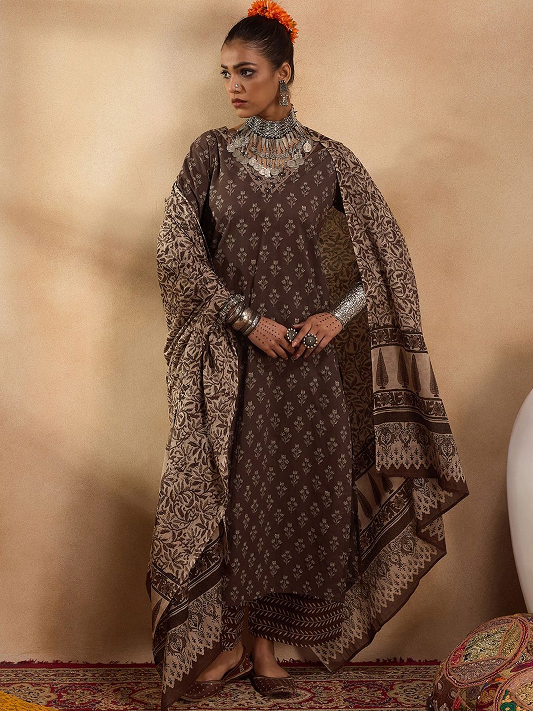 Ethnic Motifs Printed Pure Cotton Straight Kurta with Palazzos & Dupatta