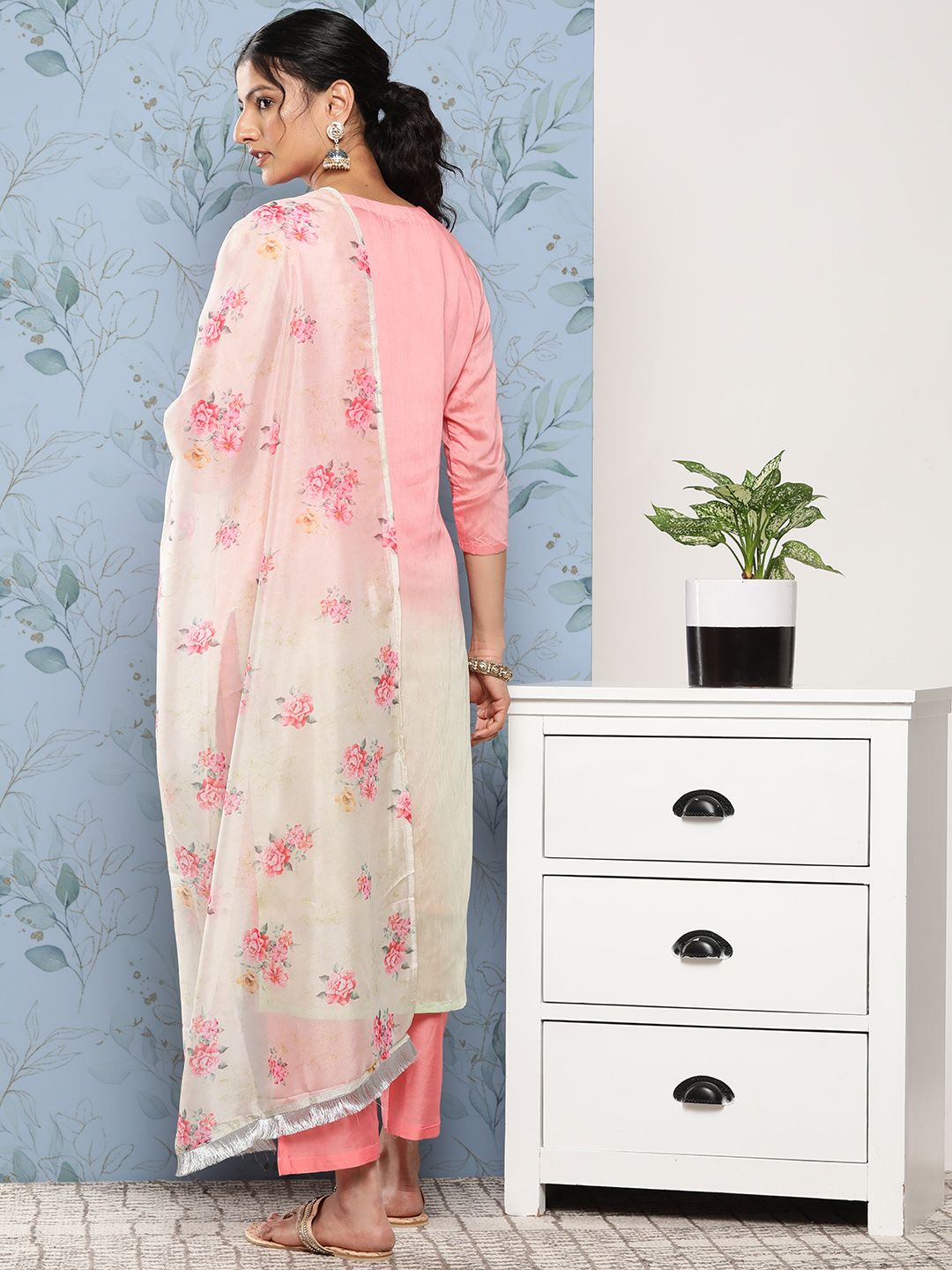 Indyancart VA Women's Pink Ombre Embroidered Sequinned Kurta with Trousers & With Dupatta