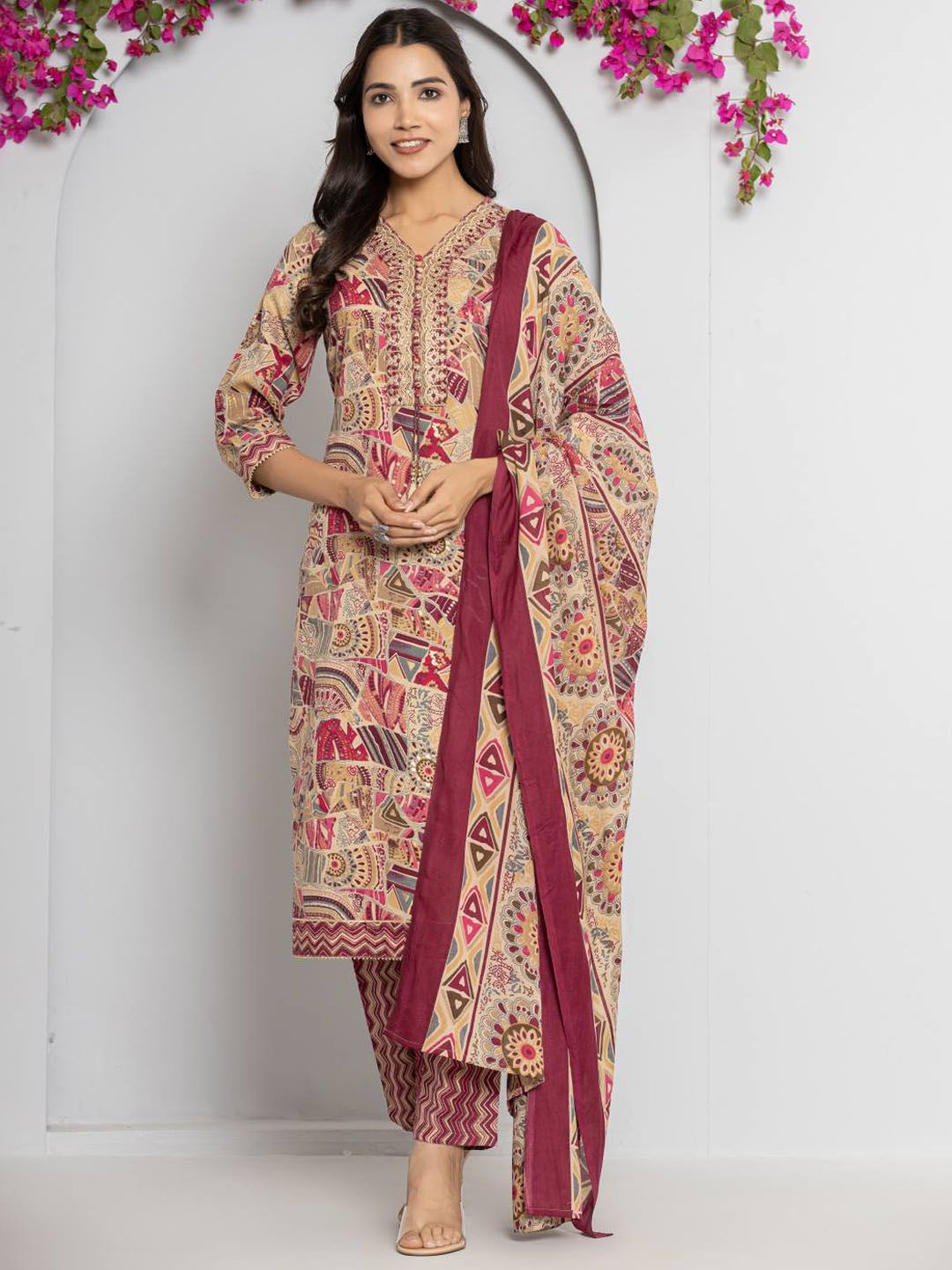 Indyancart VA Women's Abstract Printed Neck Embroidered Regular Kurta with Trouser & Dupatta