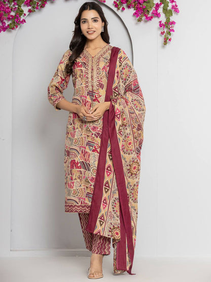 Indyancart VA Women's Abstract Printed Neck Embroidered Regular Kurta with Trouser & Dupatta