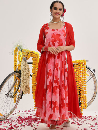Indyancart VA Women'sFloral Printed Gotta Patti Anarkali Kurta with Trousers & With Dupatta