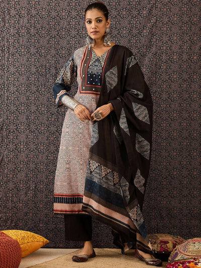 Indyancart IE Women Ethnic Motifs Printed Regular Beads and Stones Pure Cotton Kurta with Trousers & With Dupatta