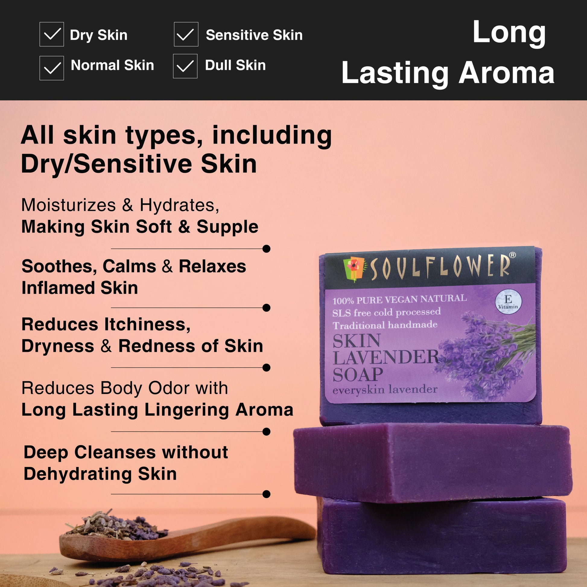 Soulflower Organic Handmade Lavender Bathing Soap For Dry Skin & Body Odor, Moisturise & Hydrate