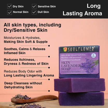 Soulflower Organic Handmade Lavender Bathing Soap For Dry Skin & Body Odor, Moisturise & Hydrate