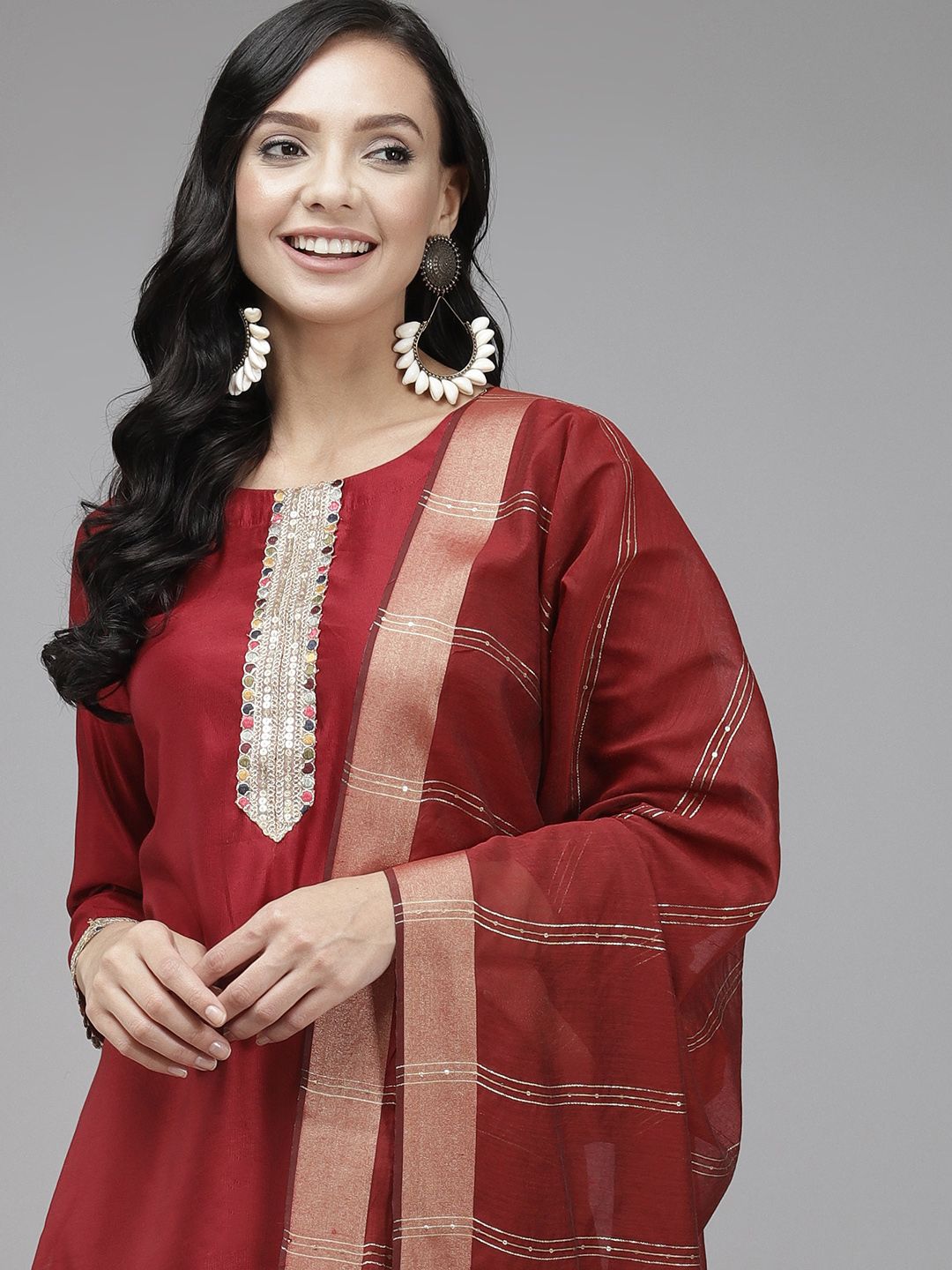 Indyancart IE Women Maroon Sequinned Liva Kurta with Palazzos & Dupatta