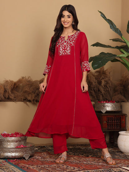 Indyancart VA Women'sMagenta Floral Embroidered Panelled Silk Georgette Kurta With Trouser With Dupatta