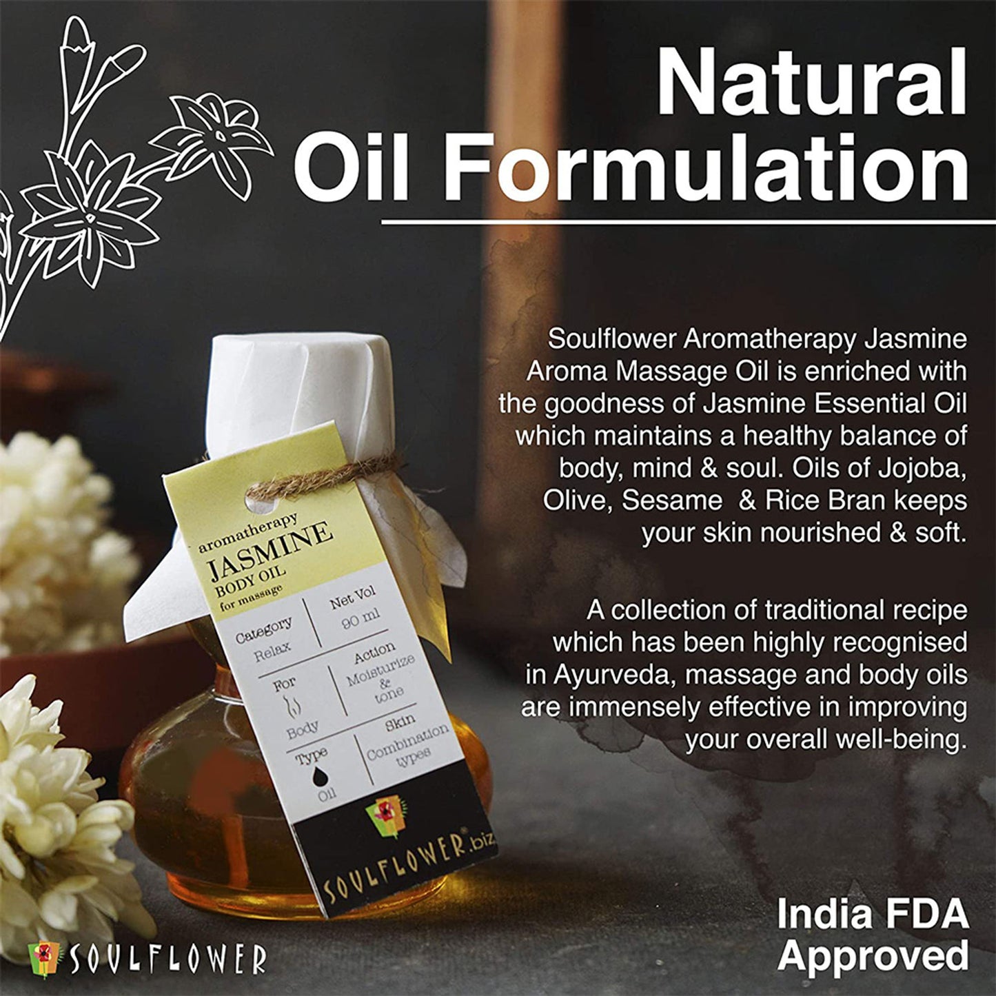 Soulflower Jasmine Aroma & Body Massage Oil, Floral smell for Calm Skin, Relaxed Body & Environment