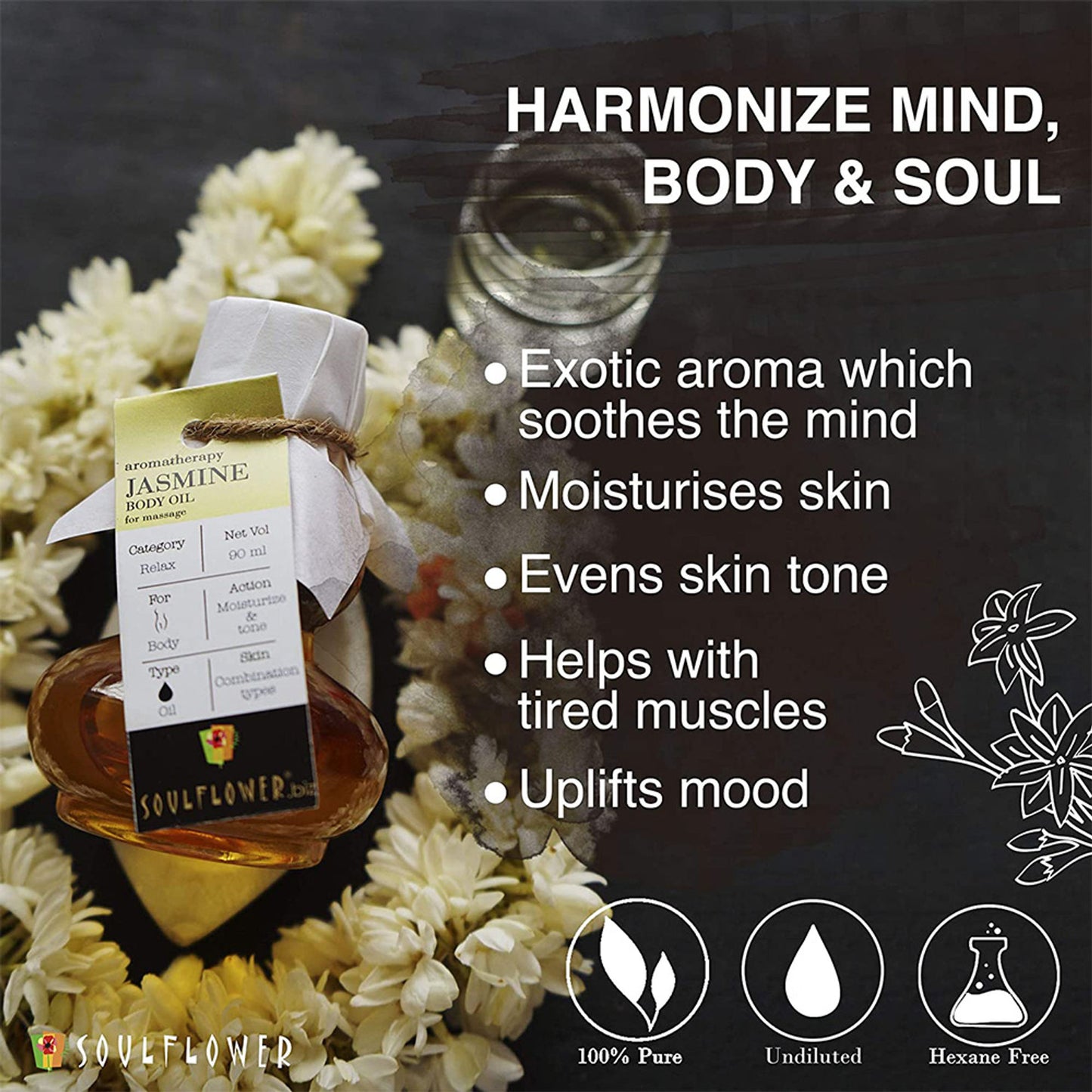 Soulflower Jasmine Aroma & Body Massage Oil, Floral smell for Calm Skin, Relaxed Body & Environment