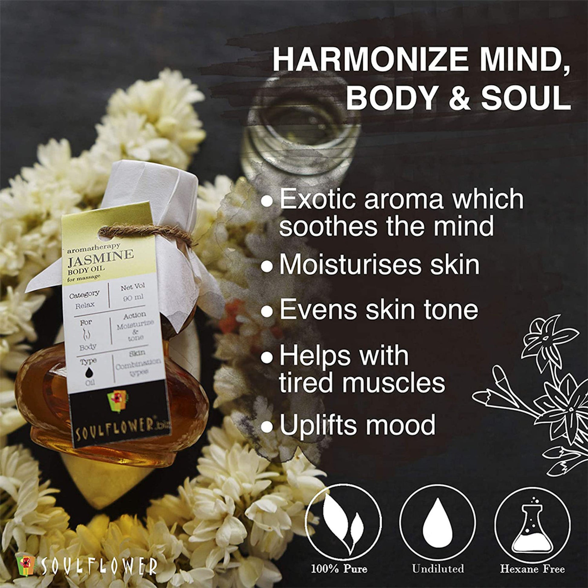 Soulflower Jasmine Aroma & Body Massage Oil, Floral smell for Calm Skin, Relaxed Body & Environment