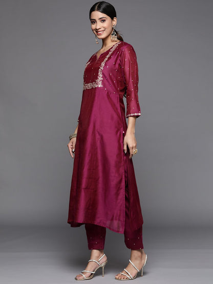Indyancart VA Women's Yoke Design Sequinned Chanderi Silk Kurta With Trousers & Dupatta