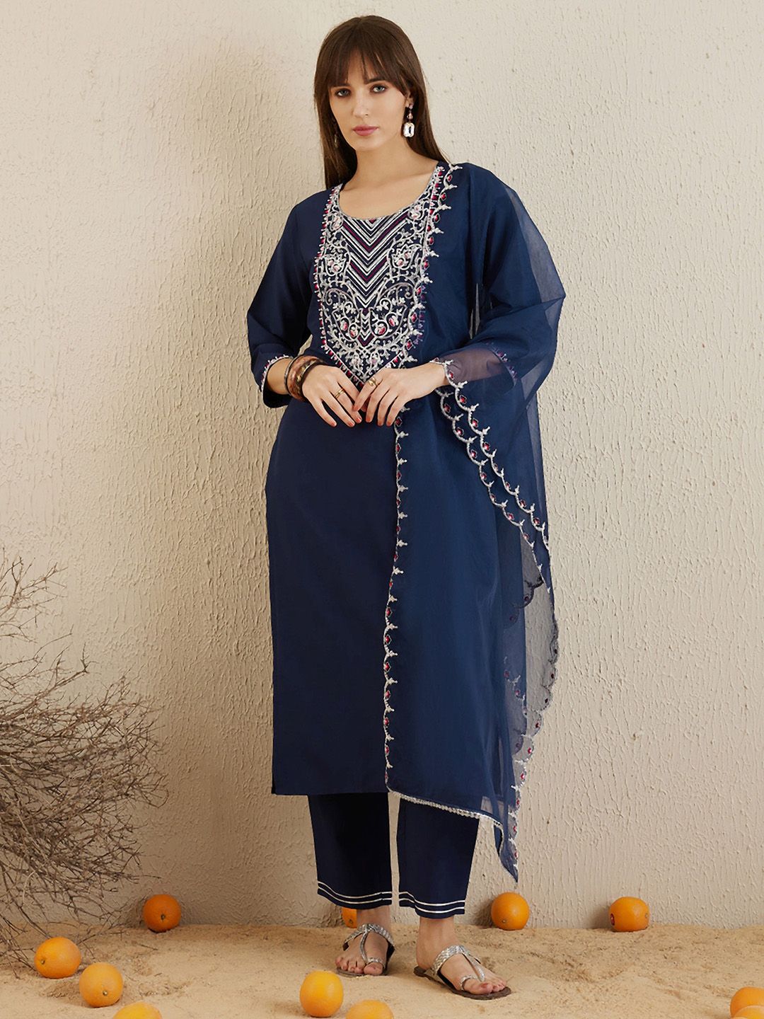 Indyancart IE Navy Blue Embroidered Yoke Design Aari Work Kurta With Trousers & Dupatta