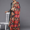 Indyancart VA Women's Grey Ethnic Motifs Yoke Design Mirror Work Kurta with Trousers & With Dupatta