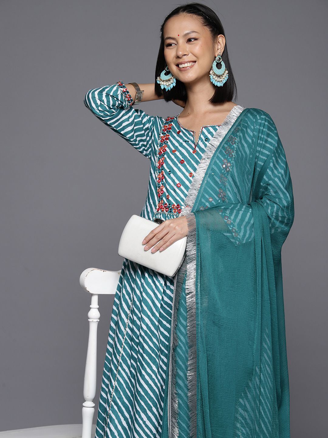 Indyancart VA Women's Leheriya Striped Regular Mirror Work Cotton Kurta With Trousers & Dupatta