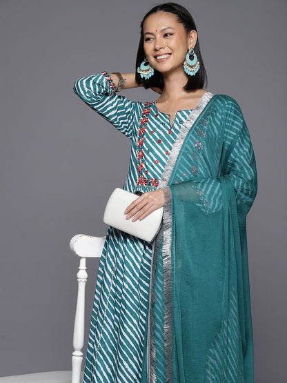 Indyancart VA Women's Leheriya Striped Regular Mirror Work Cotton Kurta With Trousers & Dupatta