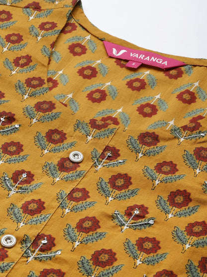 Indyancart VA Women's Mustard Yellow Ethnic Motifs Printed Pure Cotton Kurta with Trousers & With Dupatta