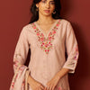 Dhiyona IE Women Floral Embroidered Linen Kurta with Trousers & Dupatta