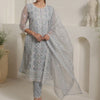 Indyancart IE Floral Embroidered Thread Work Organza Straight Kurta & Trousers With Dupatta