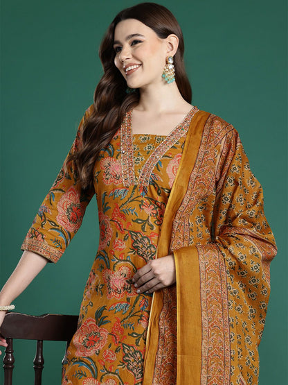 Dhiyona IE Floral Printed Sequinned Pure Cotton Kurta With Trousers & Dupatta