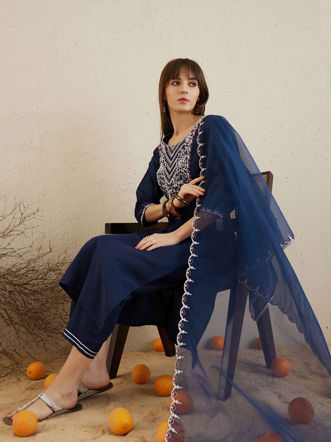 Ethnic Motifs Embroidered Regular Aari Work Kurta with Trousers & With Dupatta