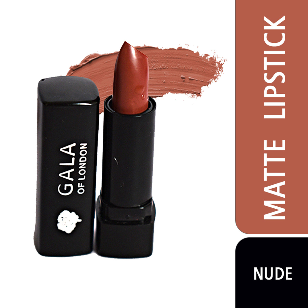 Gala of London mini matte nude lipstick, close-up view showing the sleek packaging and creamy lipstick inside.