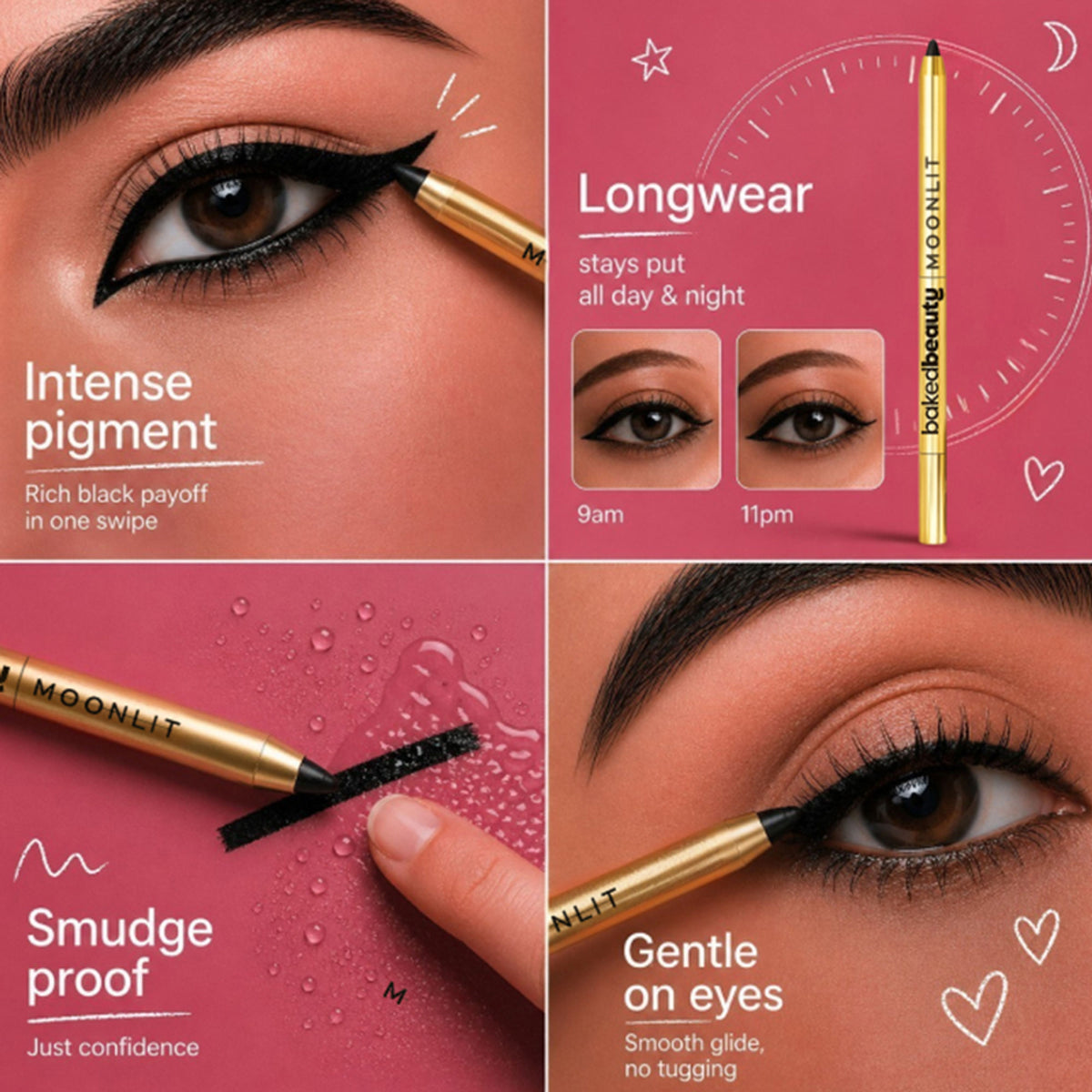 Baked Beauty Moonlit Supreme Kohl in Black, baked eyeshadow pencil with smooth, dark black pigment and sleek packaging.