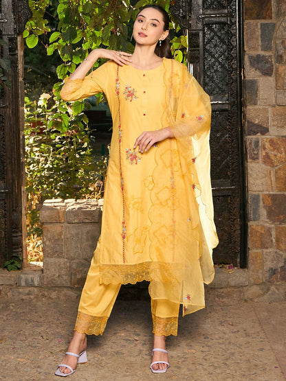 Floral Embroidered Pure Cotton Straight Kurta With Trousers & Dupatta