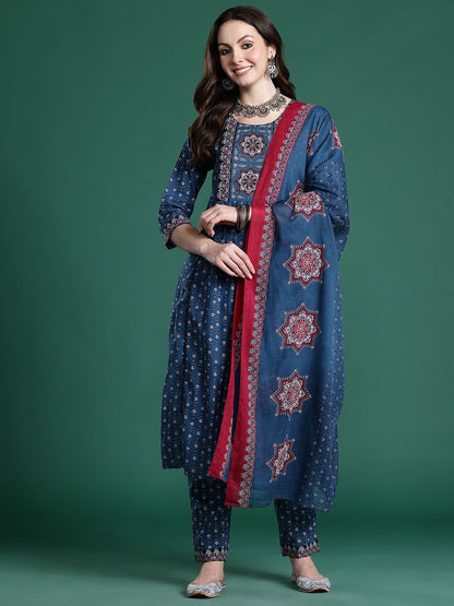Indyancart IE Ethnic Motifs Printed Mirror Work Pure Cotton Kurta with Trousers & With Dupatta
