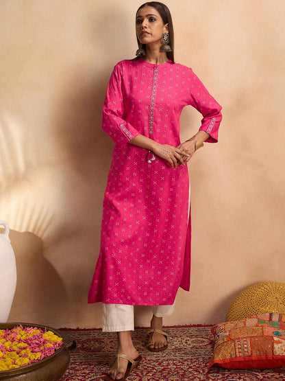 Indyancart IE Ethnic Motifs Printed Mirror Work Straight Kurta