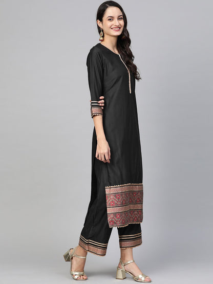 Indyancart IE Women Black & Golden Solid Kurta with Palazzos & Dupatta