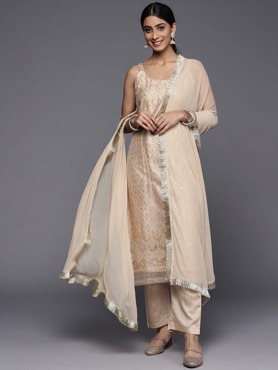 Indyancart VA Women's Beige Sequinned Kurta with Trousers & With Dupatta