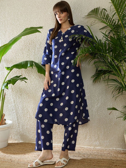 Indyancart IE Printed V-Neck Three-Quarter Sleeves Pure Cotton Tunic And Trousers