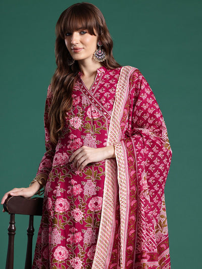 Indyancart IE Floral Printed Angrakha Pure Cotton Kurta with Trousers & With Dupatta