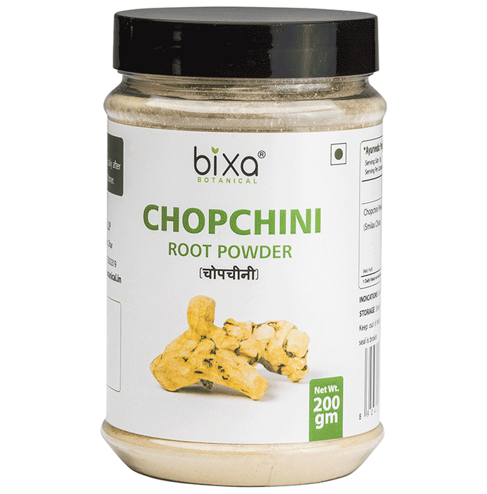 Bixa Botanical Chopchini Powder, Ayurvedic herbal powder in a clear container, showing fine, light brown powder.