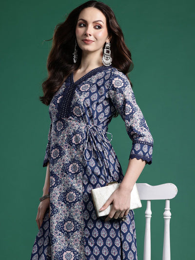 Indyancart IE Floral Printed Angrakha Mirror Work Pure Cotton Kurta with Trousers