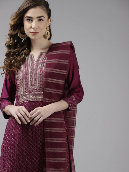 Dhiyona IE Women Burgundy Yoke Design Sequinned Liva Kurta with Trousers & With Dupatta