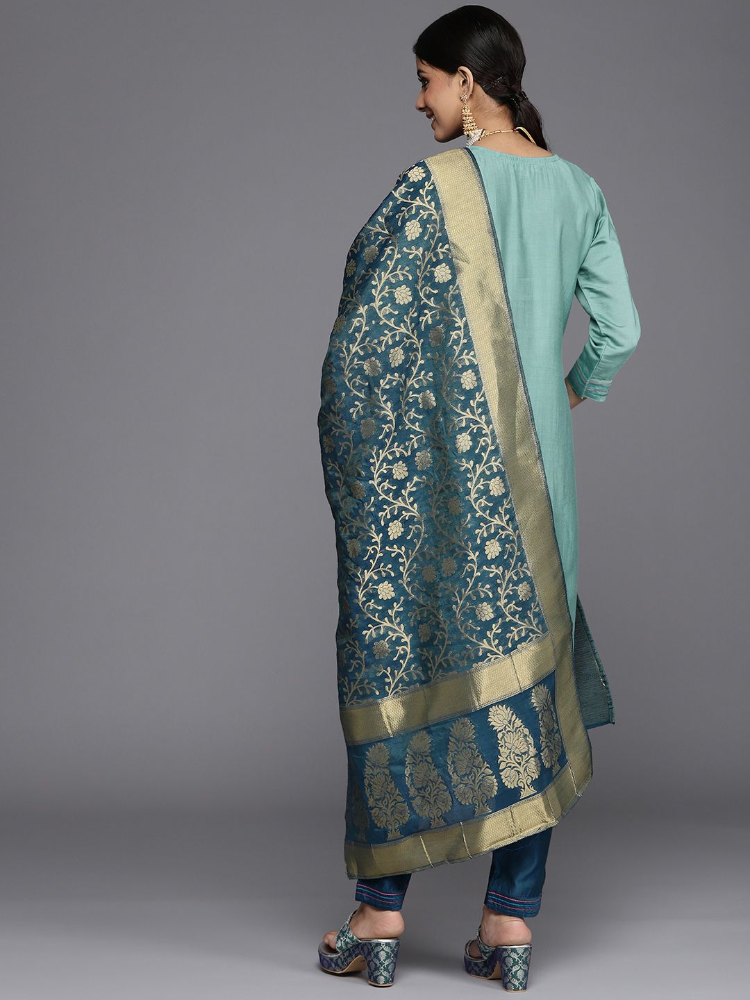 Indyancart VA Women's Blue Ethnic Motifs Embroidered Kurta with Trousers & Dupatta