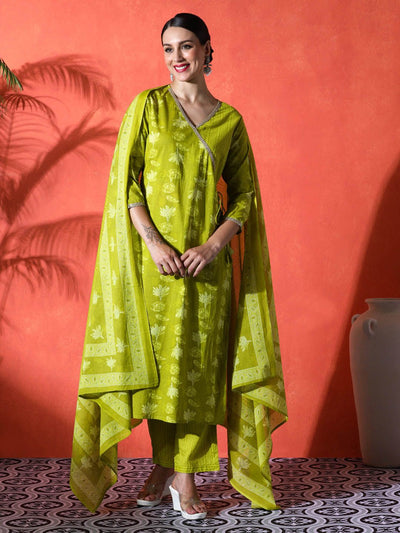 Indyancart SN Women's Floral Printed Angrakha V-Neck Pure Cotton Straight Kurta & Trousers With Dupatta