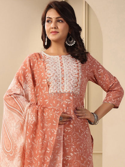 Dhiyona IE Floral Printed Thread Work Pure Cotton Straight Kurta & Trouser With Dupatta