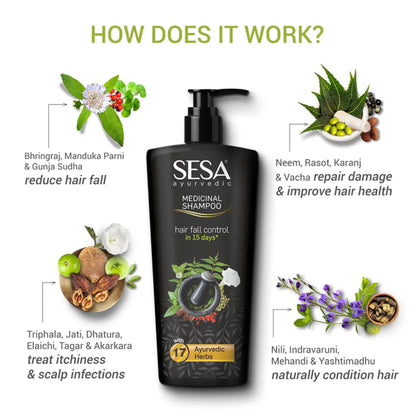 SESA Black Medicinal Shampoo Hairfall Control Anti Dandruff With 15 Herbs For Smooth Shiny Hair
