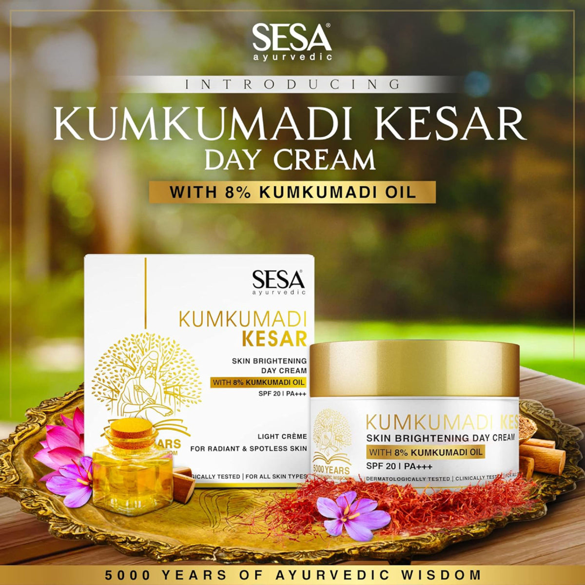 SESA 8% Kumkumadi Kesar Day Cream 50g SPF 20 & PA++ Skin Brightening Face Moisturizer Face Cream